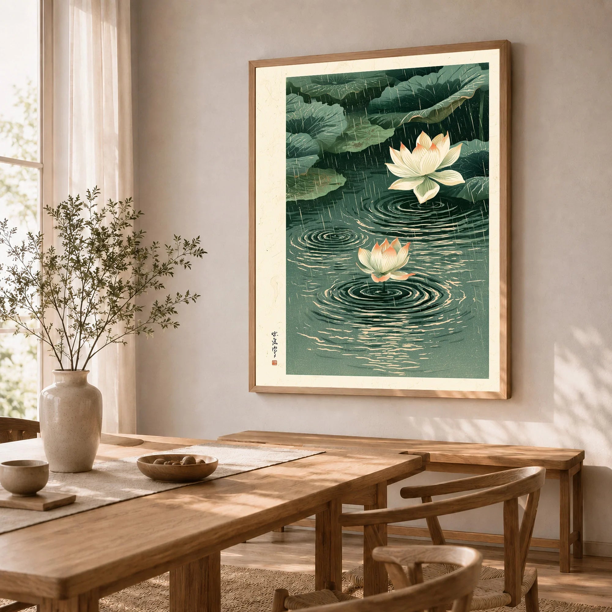 Japanese Lotus Wall Art – Rainy Pond Vintage Print — dining room framed print natural wood frame