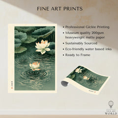 Japanese Lotus Wall Art – Rainy Pond Vintage Print — fine art print unframed quality details