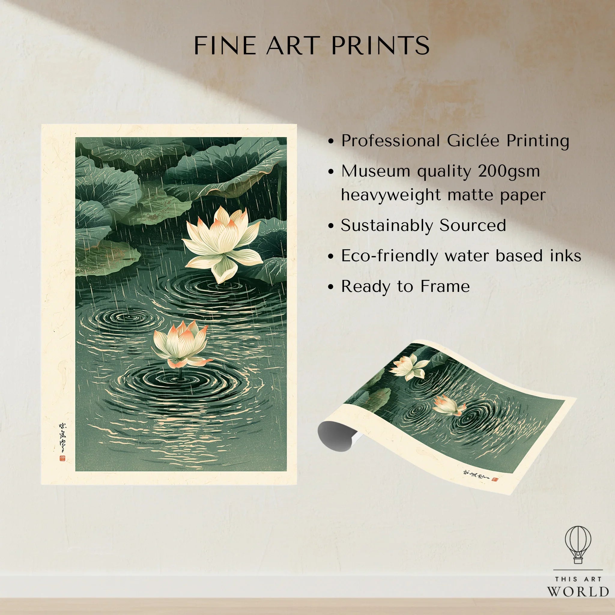 Japanese Lotus Wall Art – Rainy Pond Vintage Print — fine art print unframed quality details