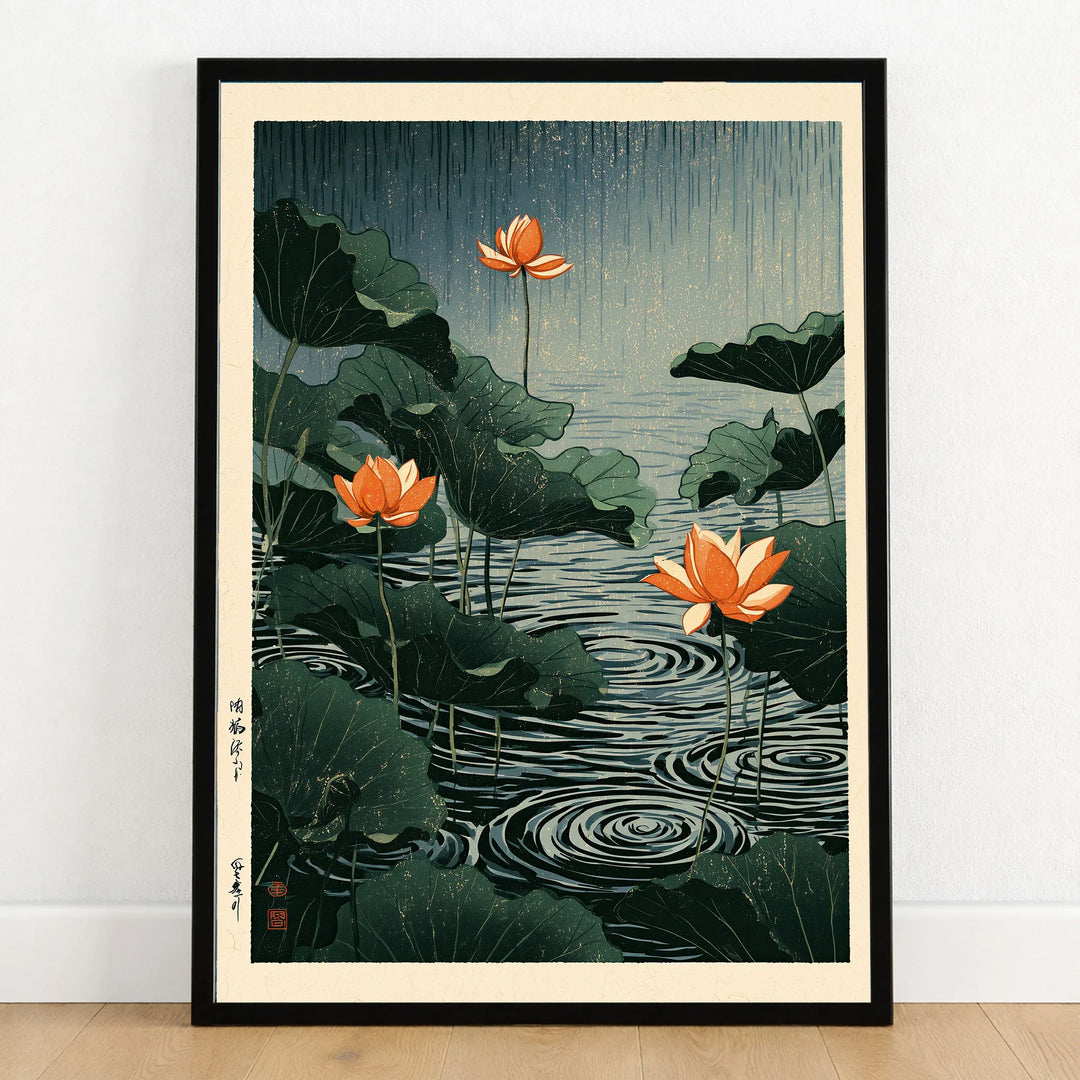 Japanese Lotus Pond Wall Art – Vintage Botanical Print — art print in black frame on wooden floor