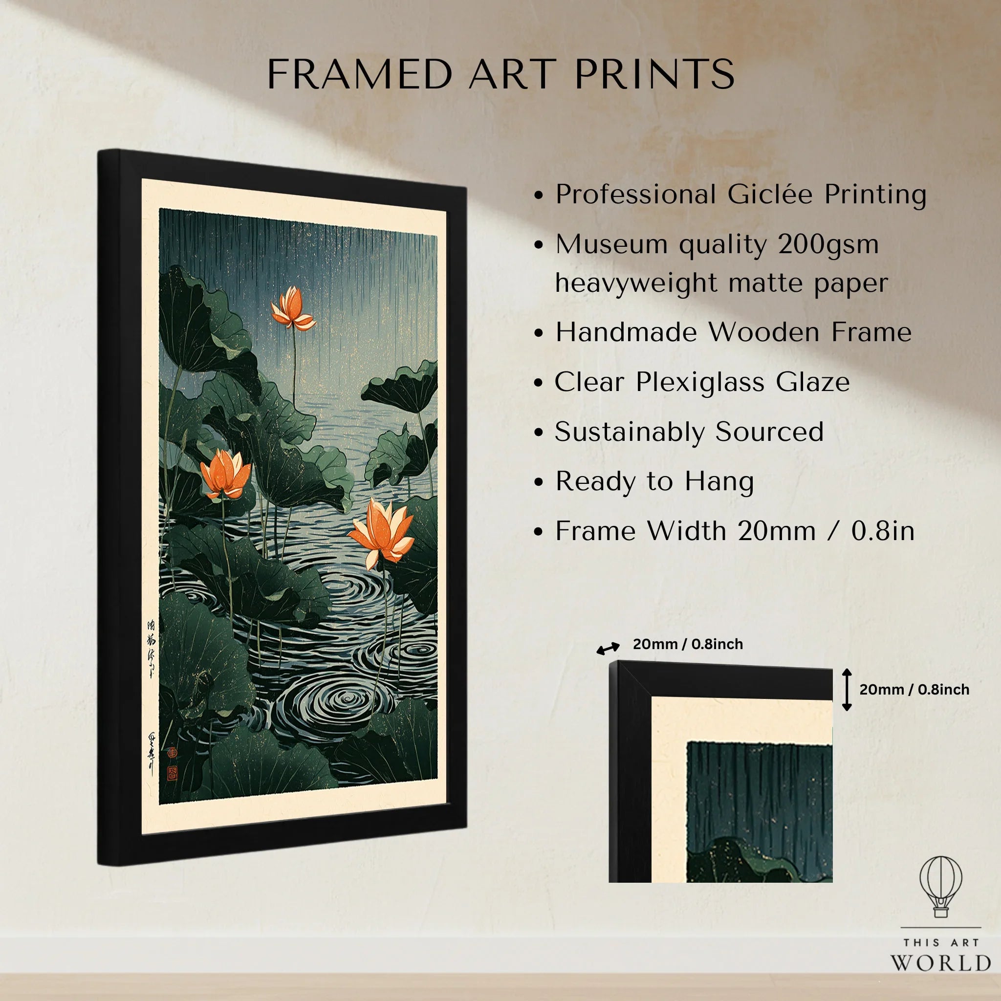 Japanese Lotus Pond Wall Art – Vintage Botanical Print — framed print details measurements quality details