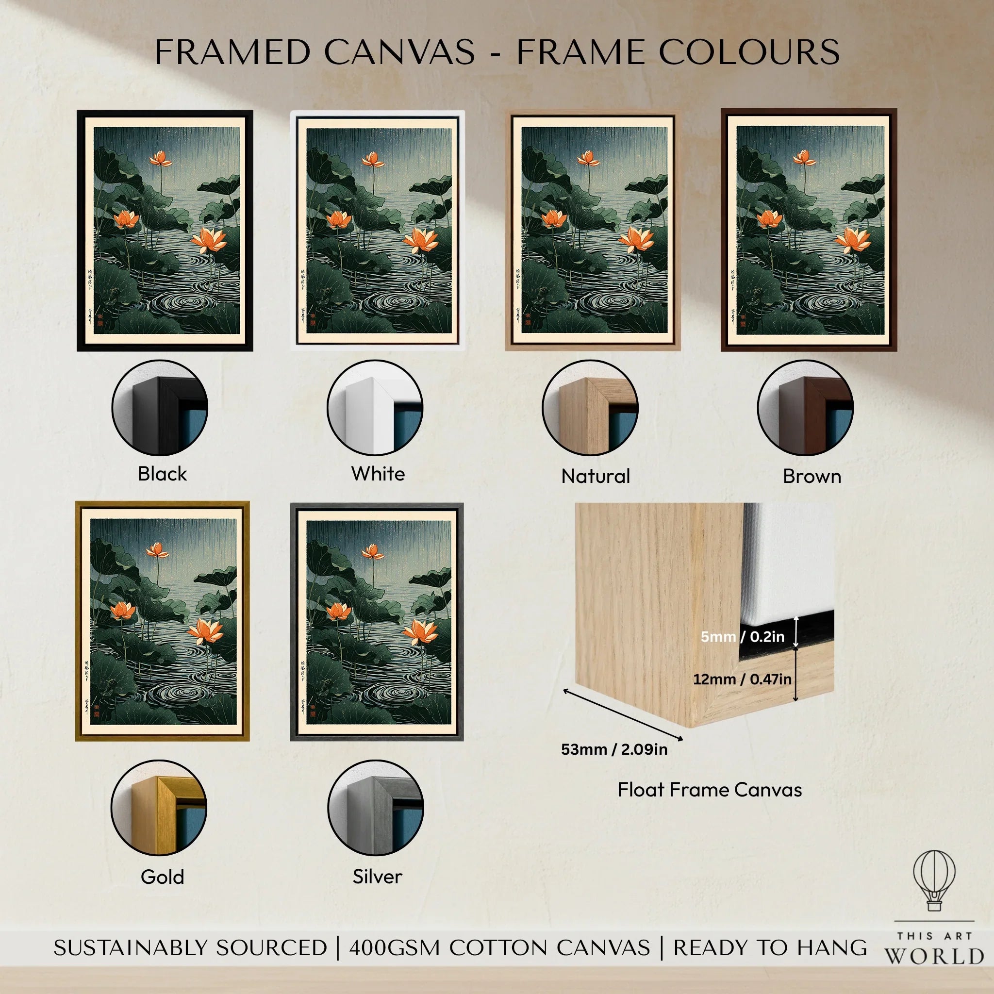 Japanese Lotus Pond Wall Art – Vintage Botanical Print — framed canvas float frame colour options