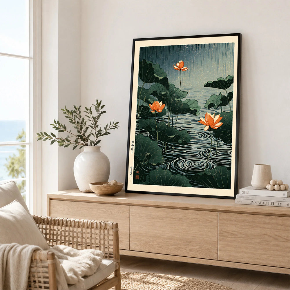 Japanese Lotus Pond Wall Art – Vintage Botanical Print — framed artwork living room lifestyle setting