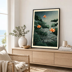 Japanese Lotus Pond Wall Art – Vintage Botanical Print — framed artwork living room lifestyle setting