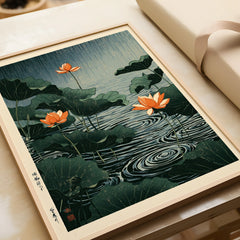 Japanese Lotus Pond Wall Art – Vintage Botanical Print — framed art print closeup gift unwrapped natural frame