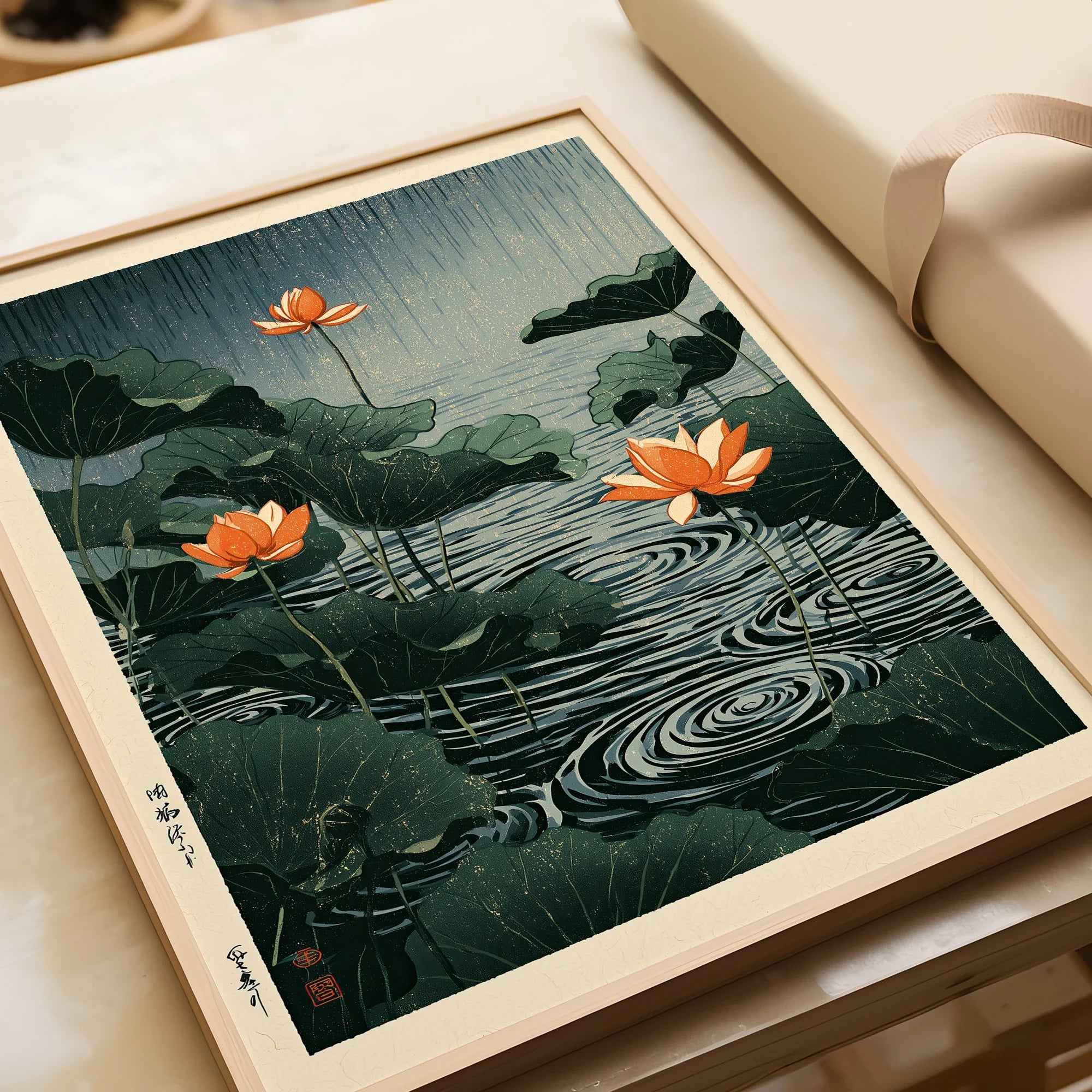 Japanese Lotus Pond Wall Art – Vintage Botanical Print — framed art print closeup gift unwrapped natural frame