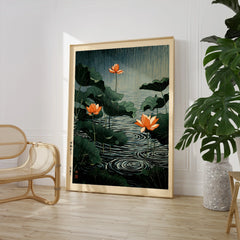 Japanese Lotus Pond Wall Art – Vintage Botanical Print — large framed print room setting chair plant