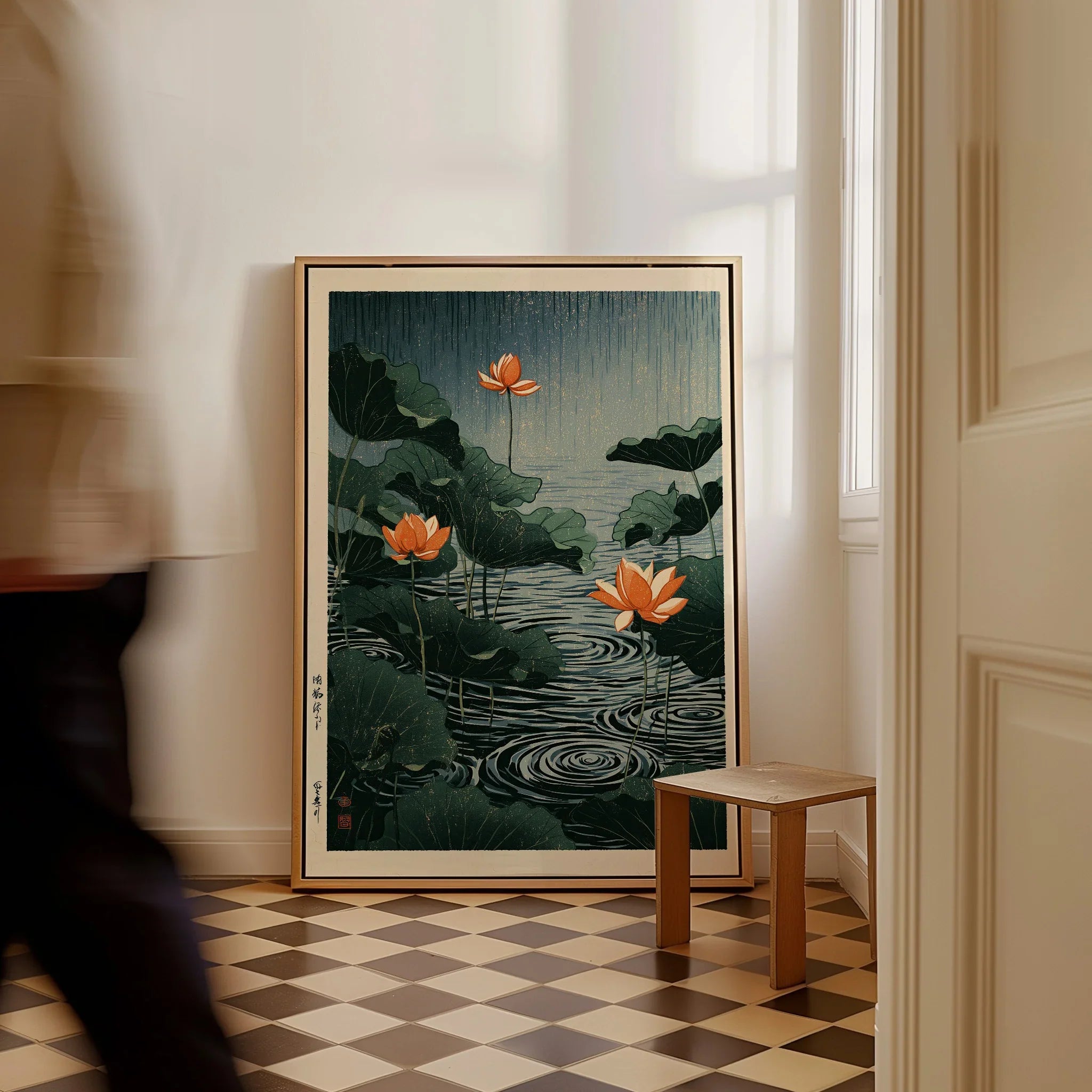 Japanese Lotus Pond Wall Art – Vintage Botanical Print — framed canvas on floor man walking past