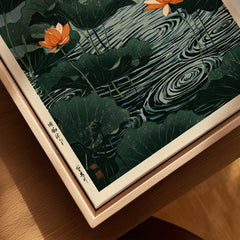 Japanese Lotus Pond Wall Art – Vintage Botanical Print — closeup framed canvas natural wood floating frame