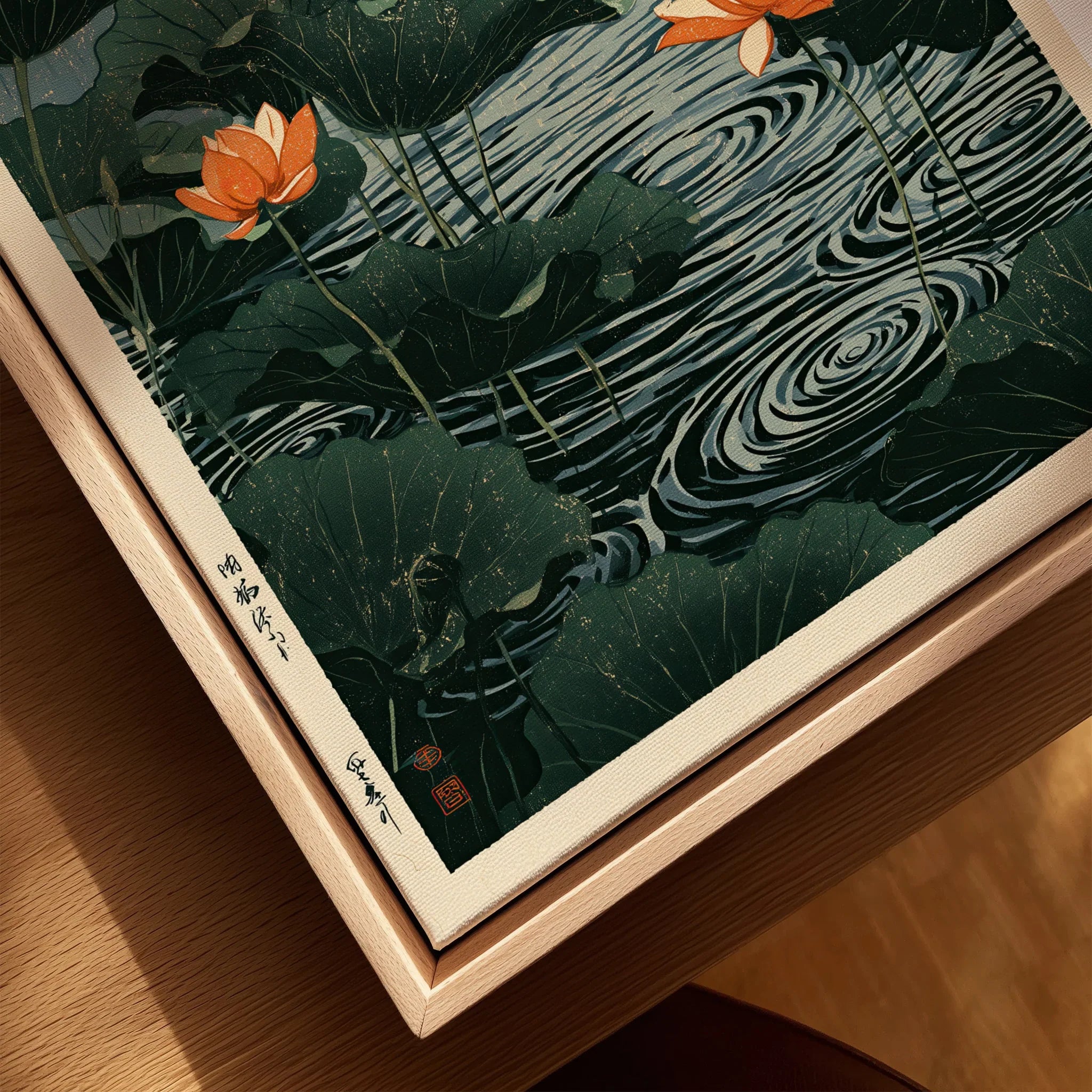 Japanese Lotus Pond Wall Art – Vintage Botanical Print — closeup framed canvas natural wood floating frame