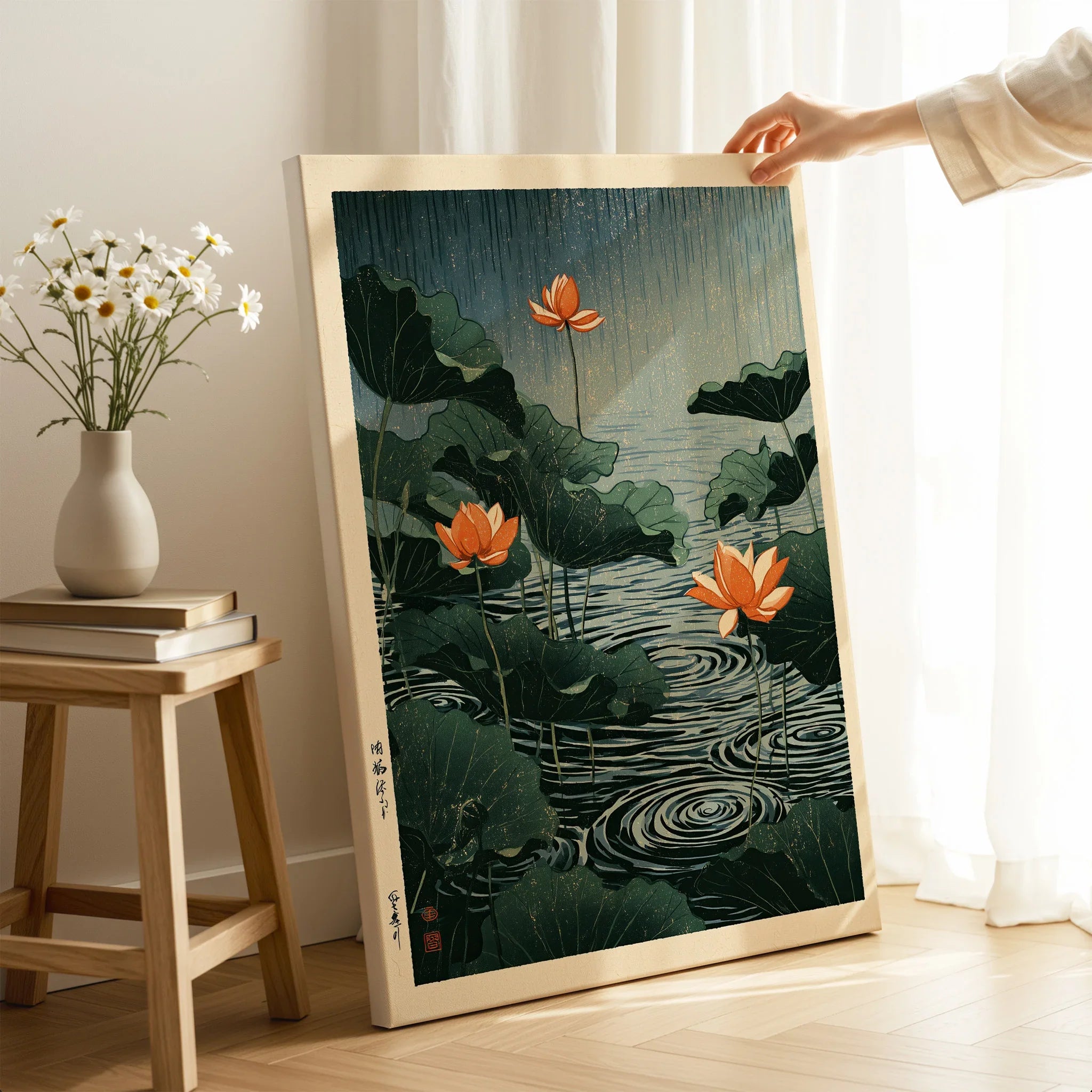 Japanese Lotus Pond Wall Art – Vintage Botanical Print — canvas print mirror edge hand holding room setting