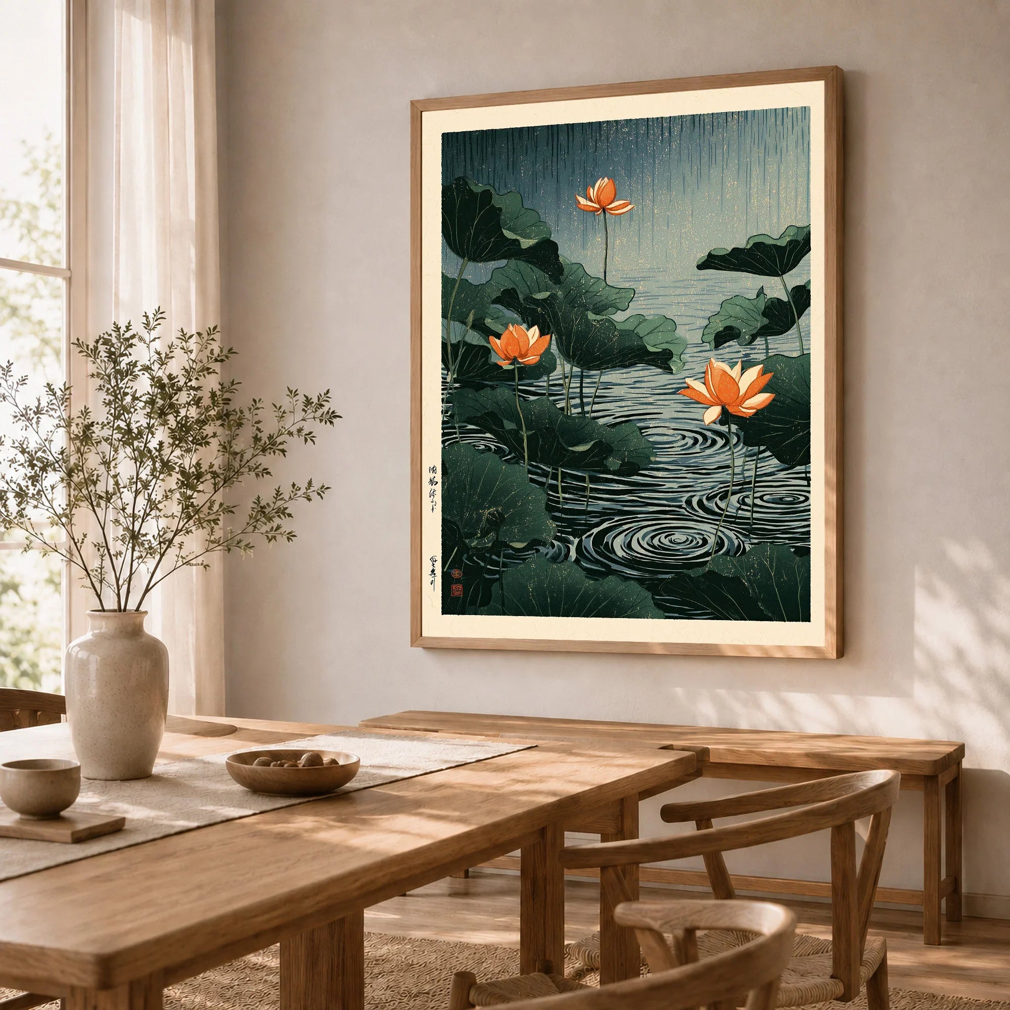Japanese Lotus Pond Wall Art – Vintage Botanical Print — dining room framed print natural wood frame