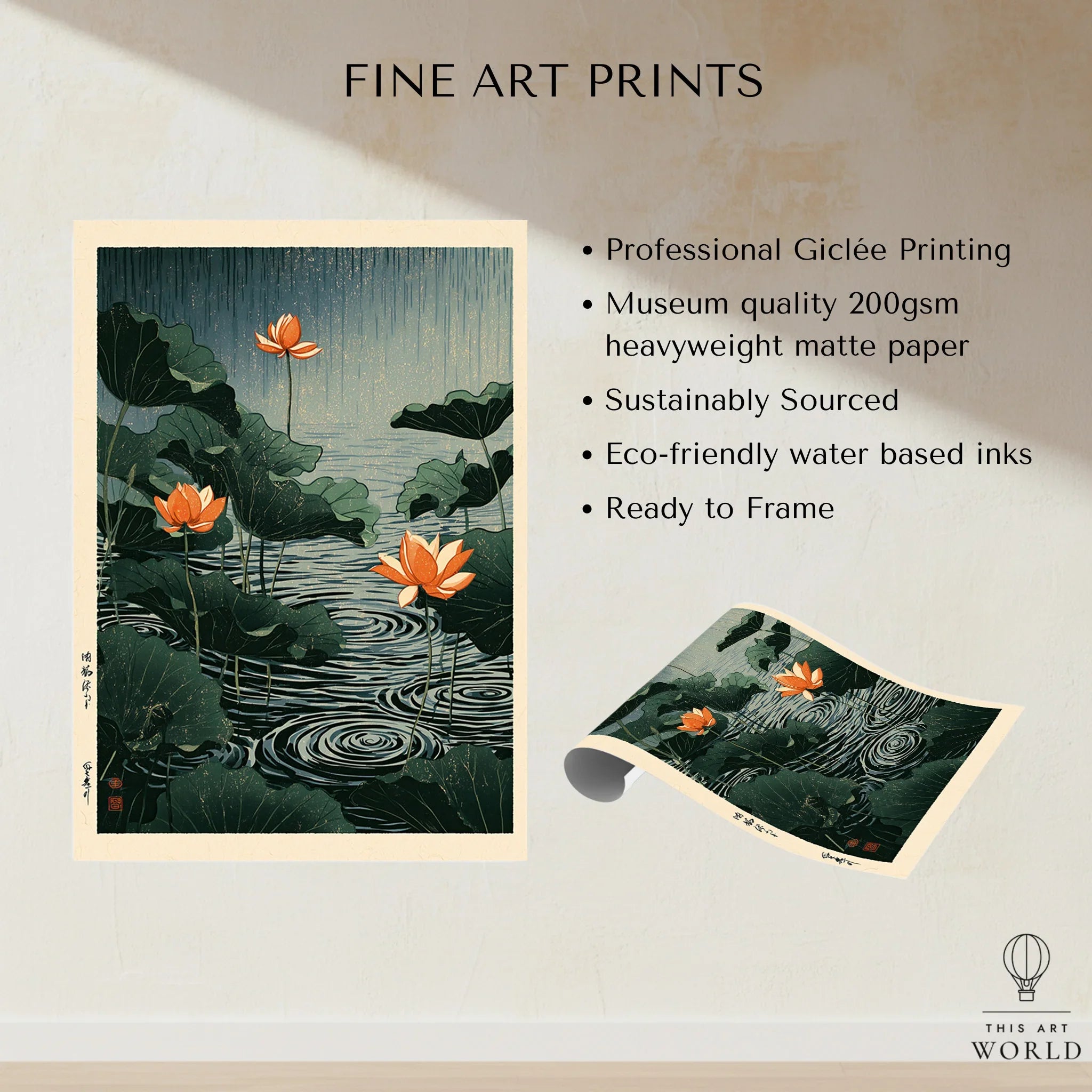 Japanese Lotus Pond Wall Art – Vintage Botanical Print — fine art print unframed quality details