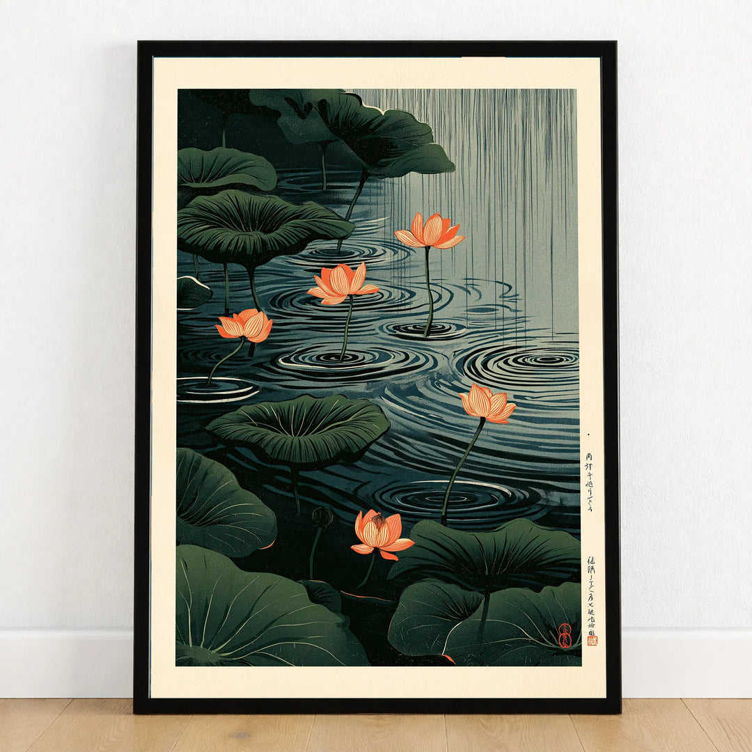 Japanese Lotus Pond Art Print – Dark Vintage Wall Art — art print in black frame on wooden floor
