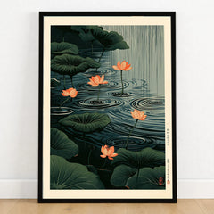 Japanese Lotus Pond Art Print – Dark Vintage Wall Art — art print in black frame on wooden floor
