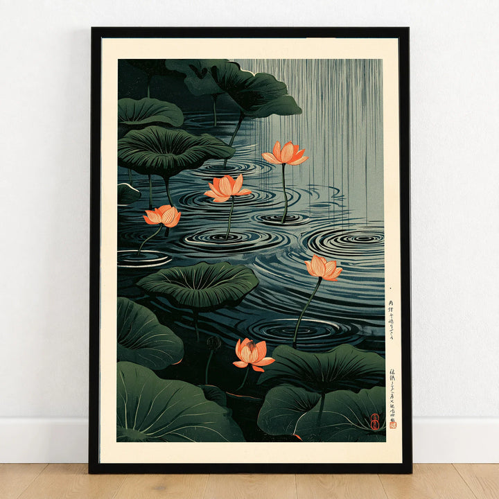 Japanese Lotus Pond Art Print – Dark Vintage Wall Art — art print in black frame on wooden floor