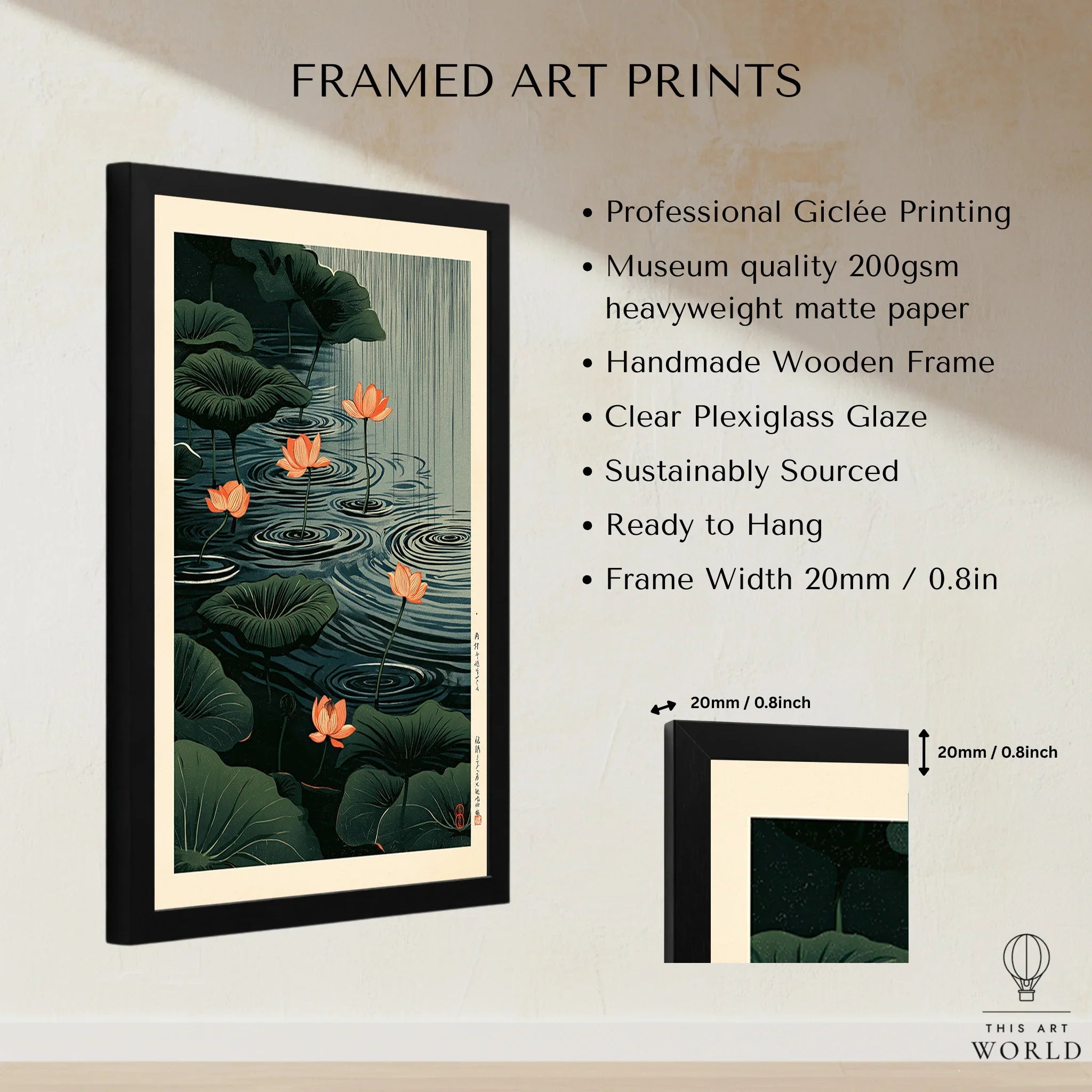 Japanese Lotus Pond Art Print – Dark Vintage Wall Art — framed print details measurements quality details