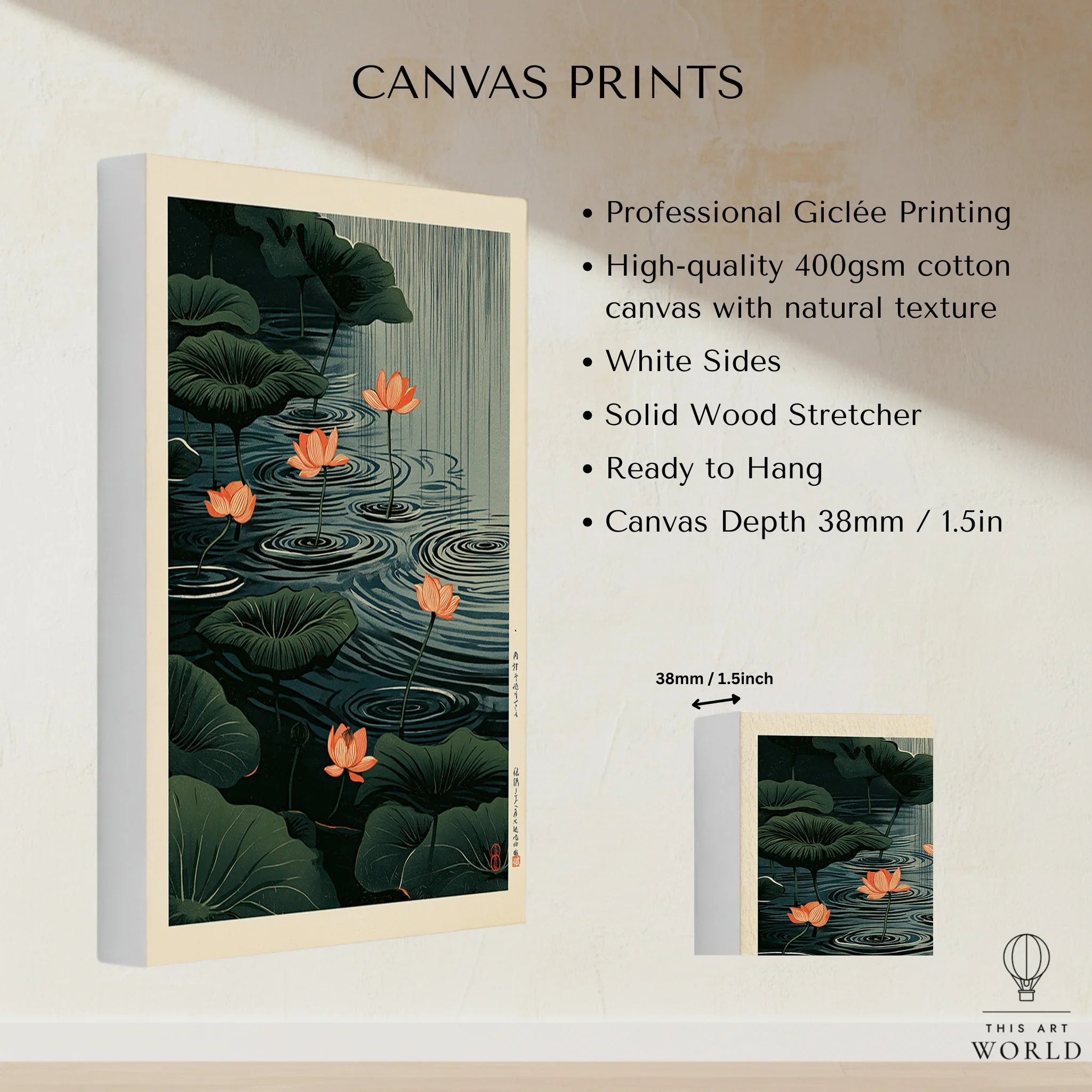 Japanese Lotus Pond Art Print – Dark Vintage Wall Art — canvas print stretched cotton canvas details