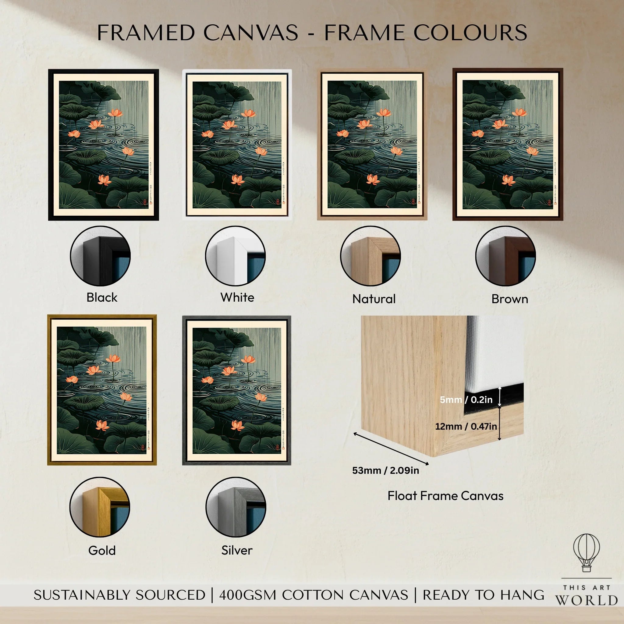 Japanese Lotus Pond Art Print – Dark Vintage Wall Art — framed canvas float frame colour options