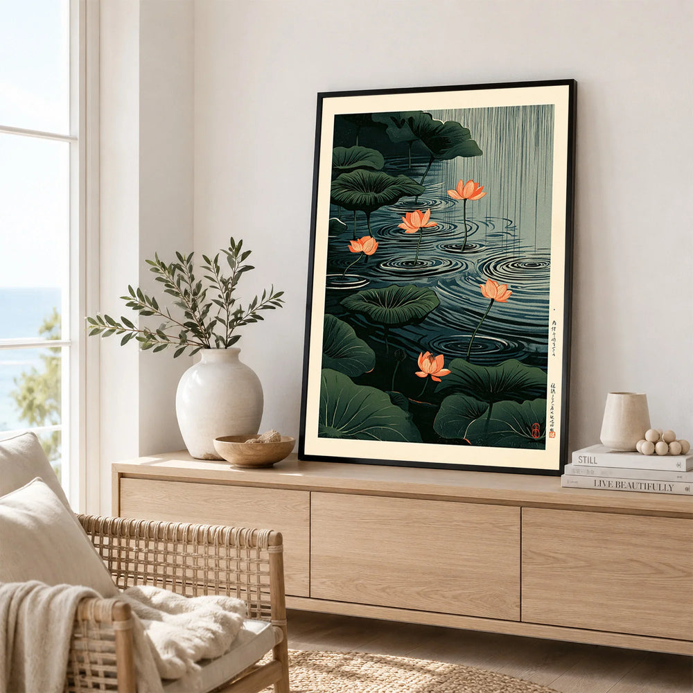 Japanese Lotus Pond Art Print – Dark Vintage Wall Art — framed artwork living room lifestyle setting