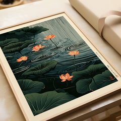 Japanese Lotus Pond Art Print – Dark Vintage Wall Art — framed art print closeup gift unwrapped natural frame