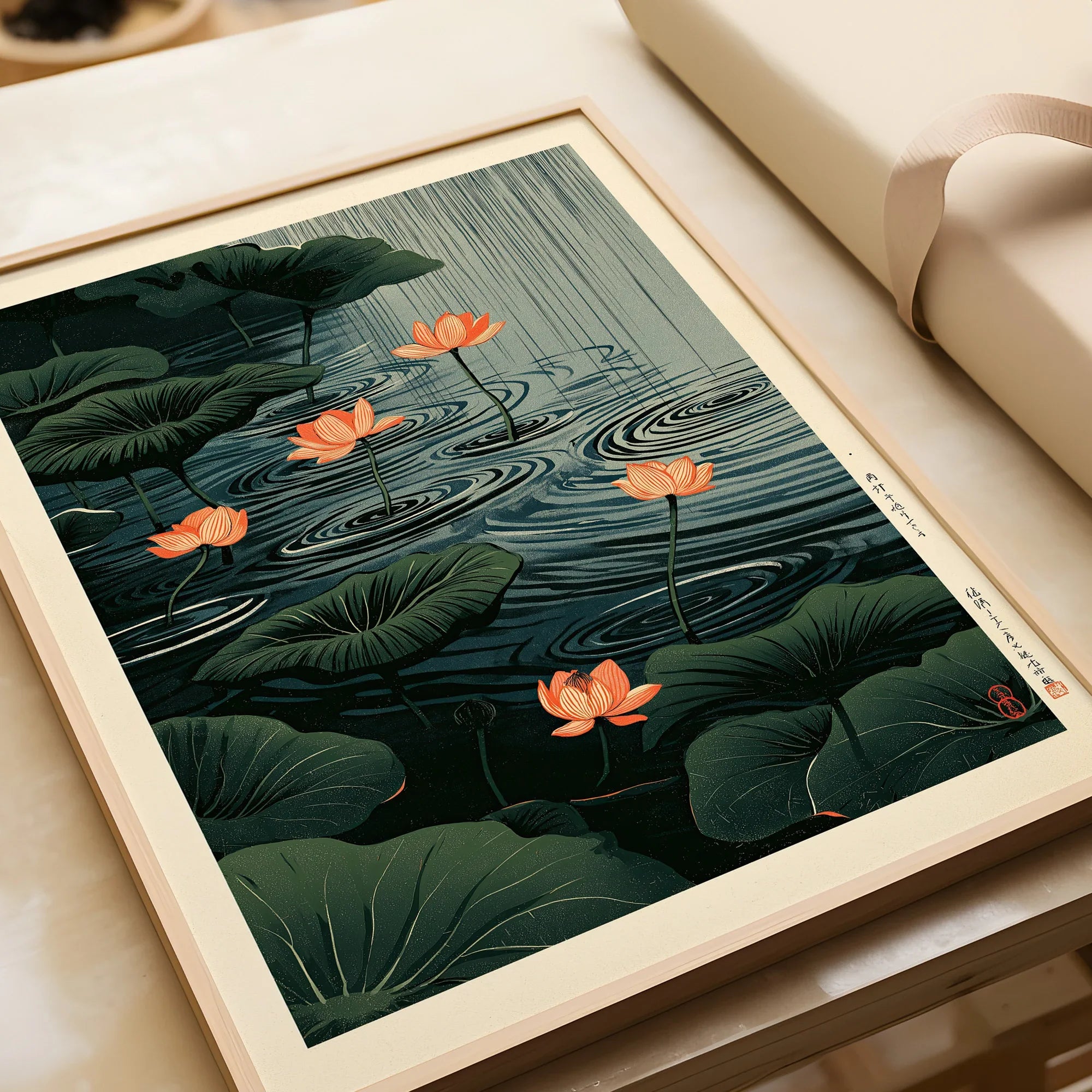 Japanese Lotus Pond Art Print – Dark Vintage Wall Art — framed art print closeup gift unwrapped natural frame