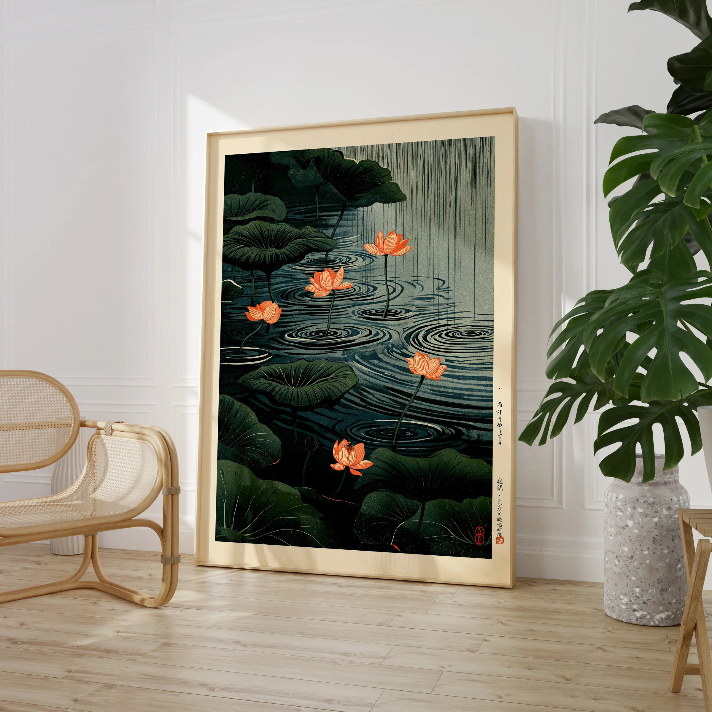 Japanese Lotus Pond Art Print – Dark Vintage Wall Art — large framed print room setting chair plant