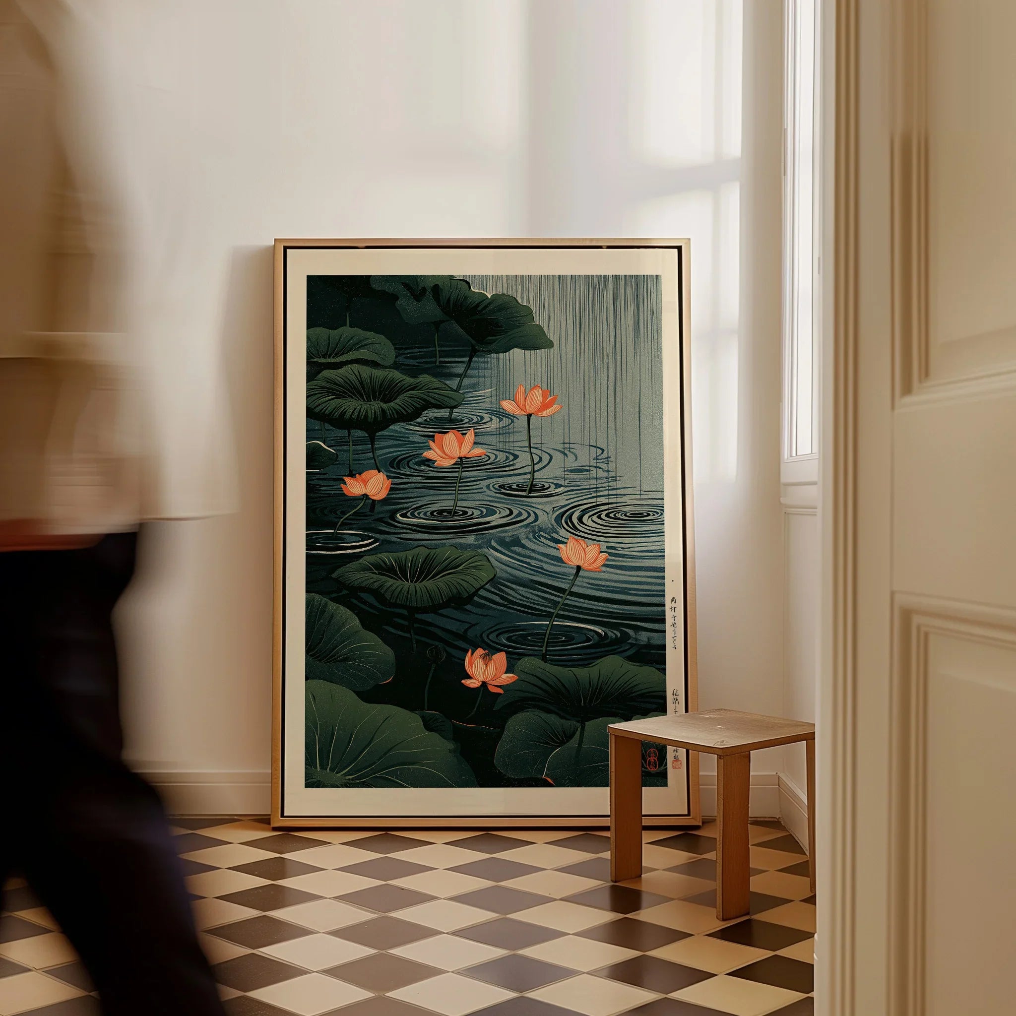 Japanese Lotus Pond Art Print – Dark Vintage Wall Art — framed canvas on floor man walking past