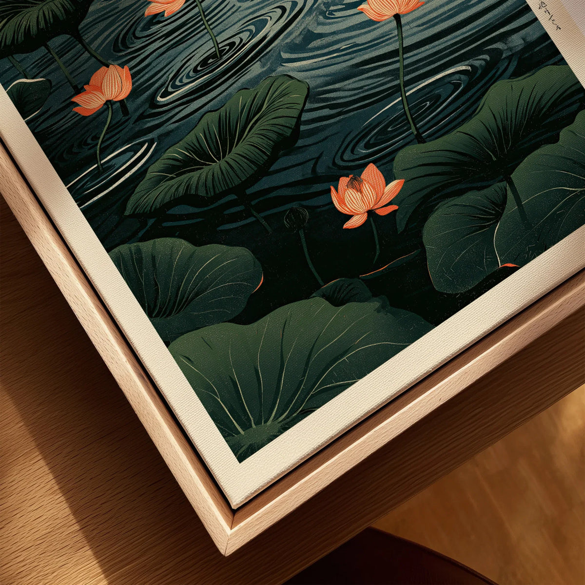Japanese Lotus Pond Art Print – Dark Vintage Wall Art — closeup framed canvas natural wood floating frame
