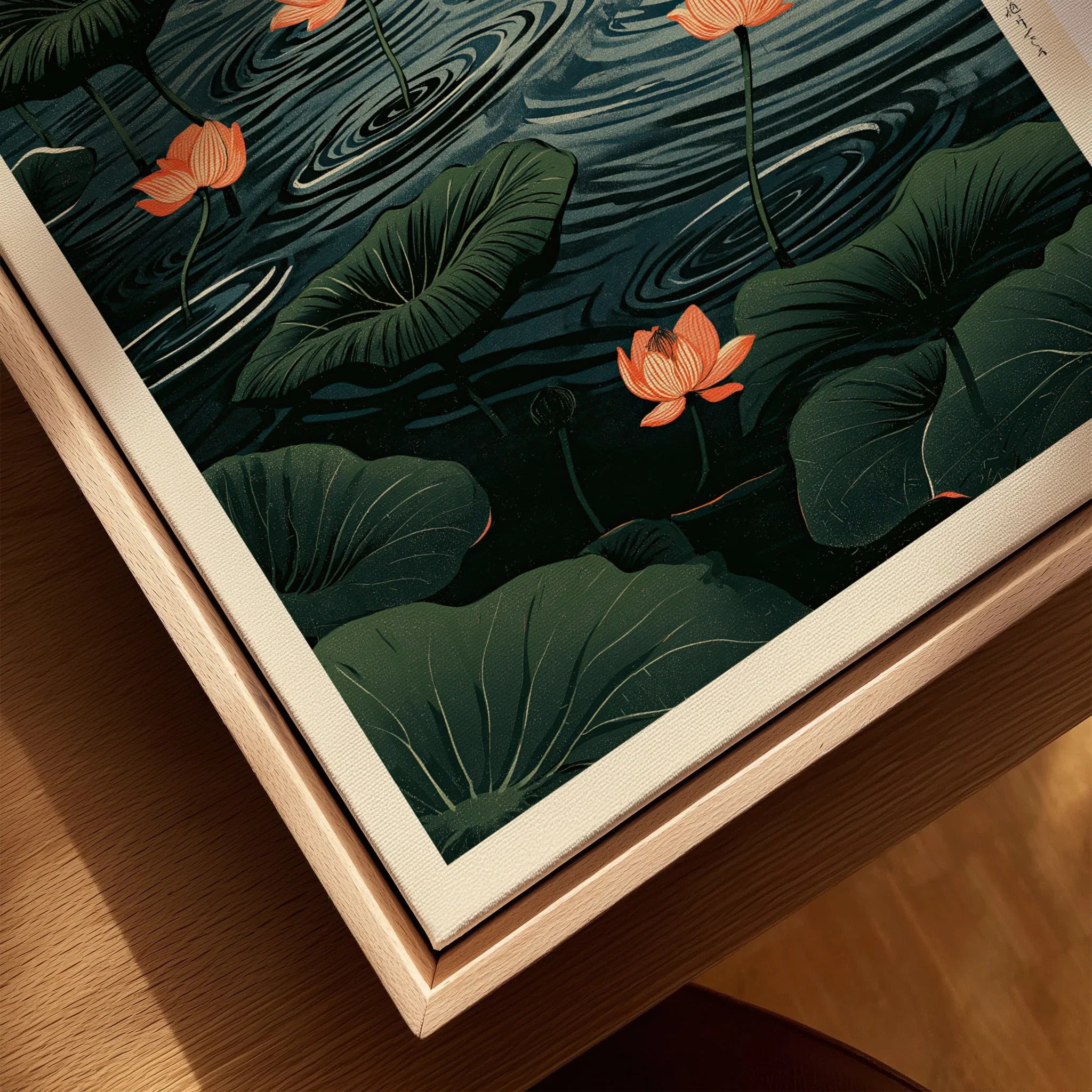 Japanese Lotus Pond Art Print – Dark Vintage Wall Art — closeup framed canvas natural wood floating frame