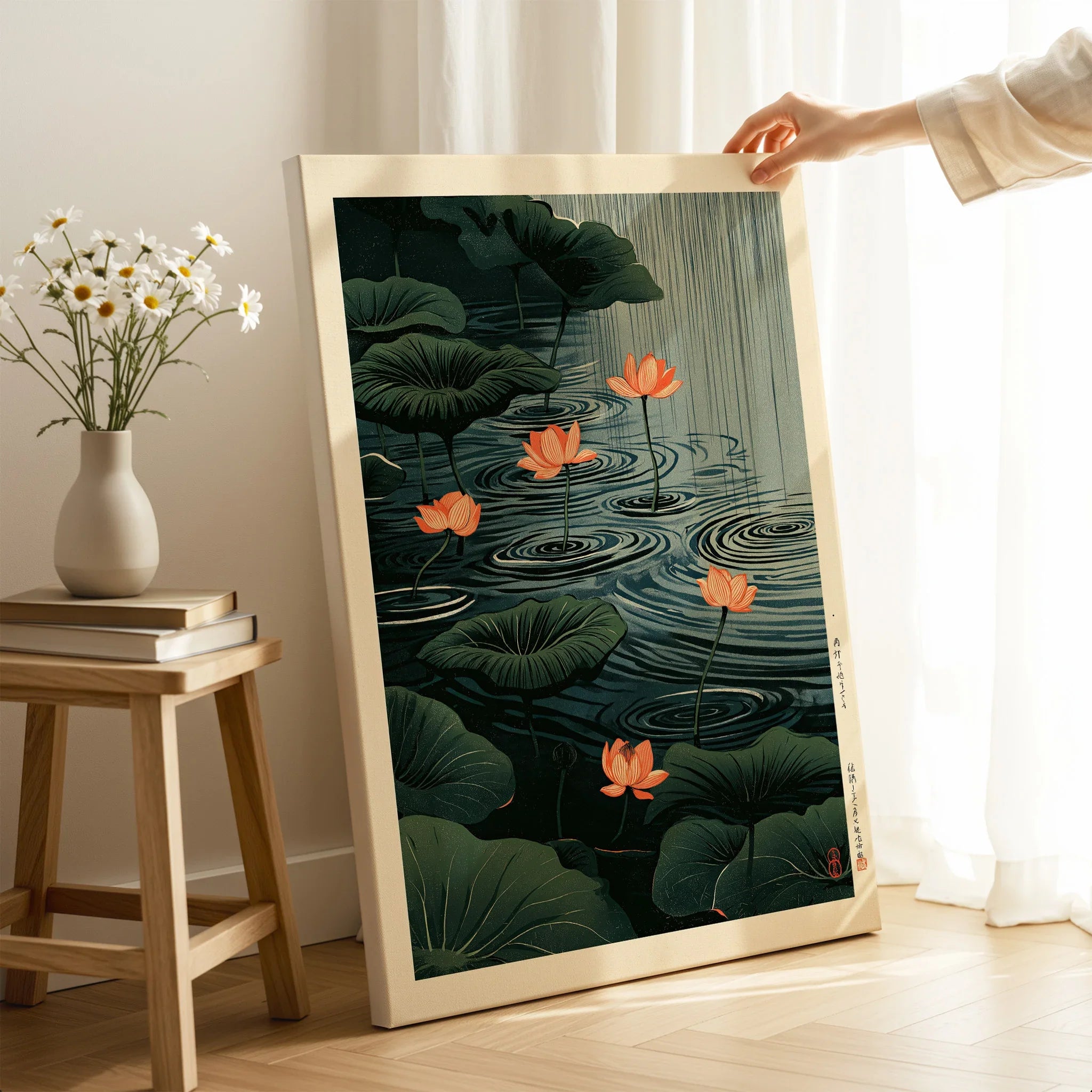 Japanese Lotus Pond Art Print – Dark Vintage Wall Art — canvas print mirror edge hand holding room setting