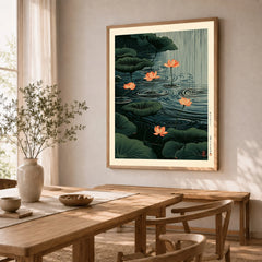Japanese Lotus Pond Art Print – Dark Vintage Wall Art — dining room framed print natural wood frame
