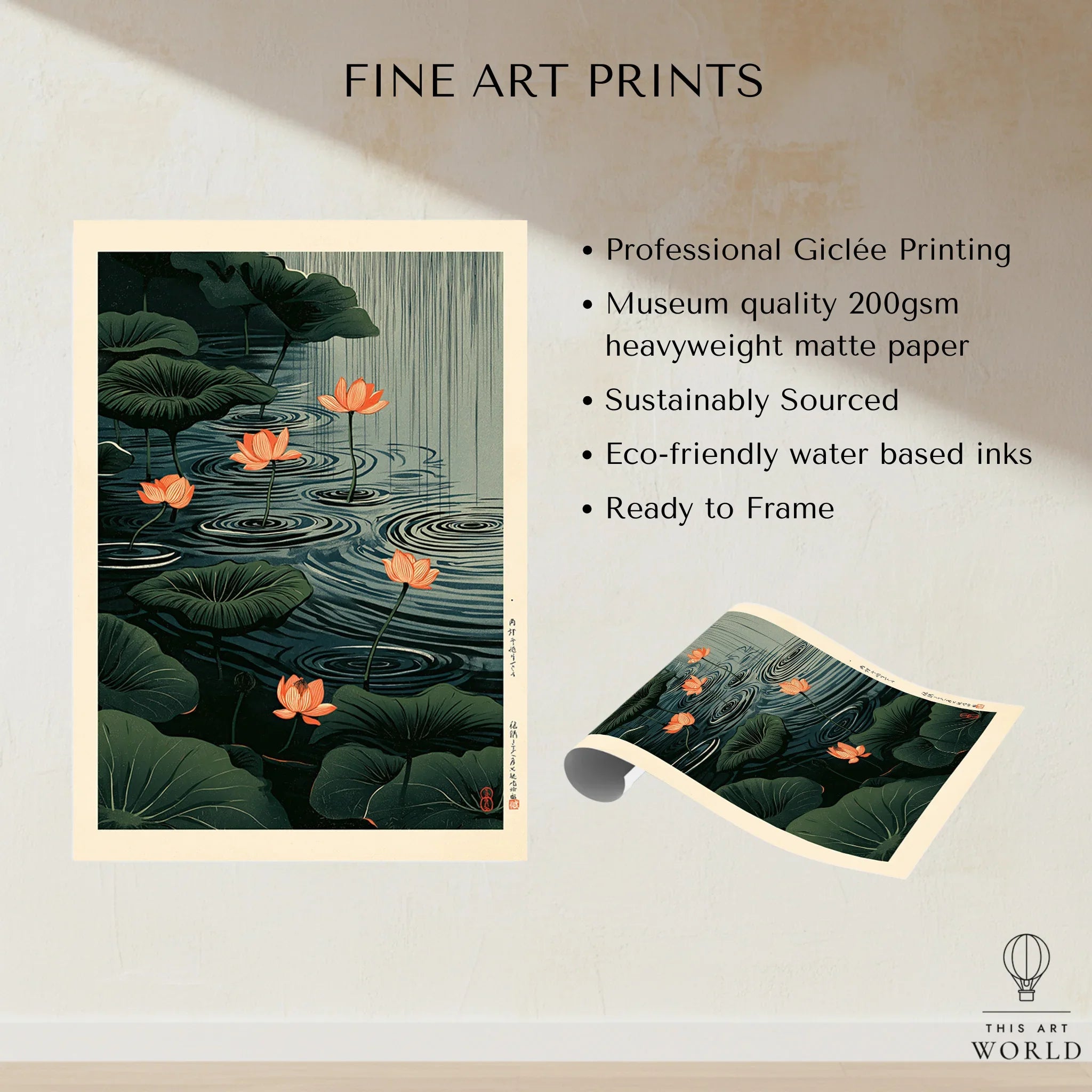 Japanese Lotus Pond Art Print – Dark Vintage Wall Art — fine art print unframed quality details
