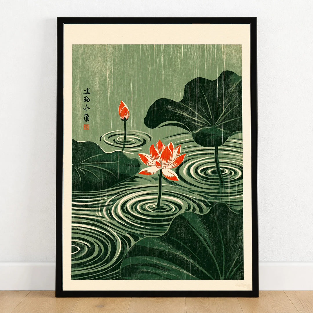 Japanese Lotus Wall Art – Green Vintage Pond Art Print — art print in black frame on wooden floor