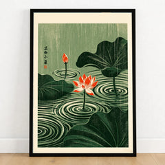 Japanese Lotus Wall Art – Green Vintage Pond Art Print — art print in black frame on wooden floor