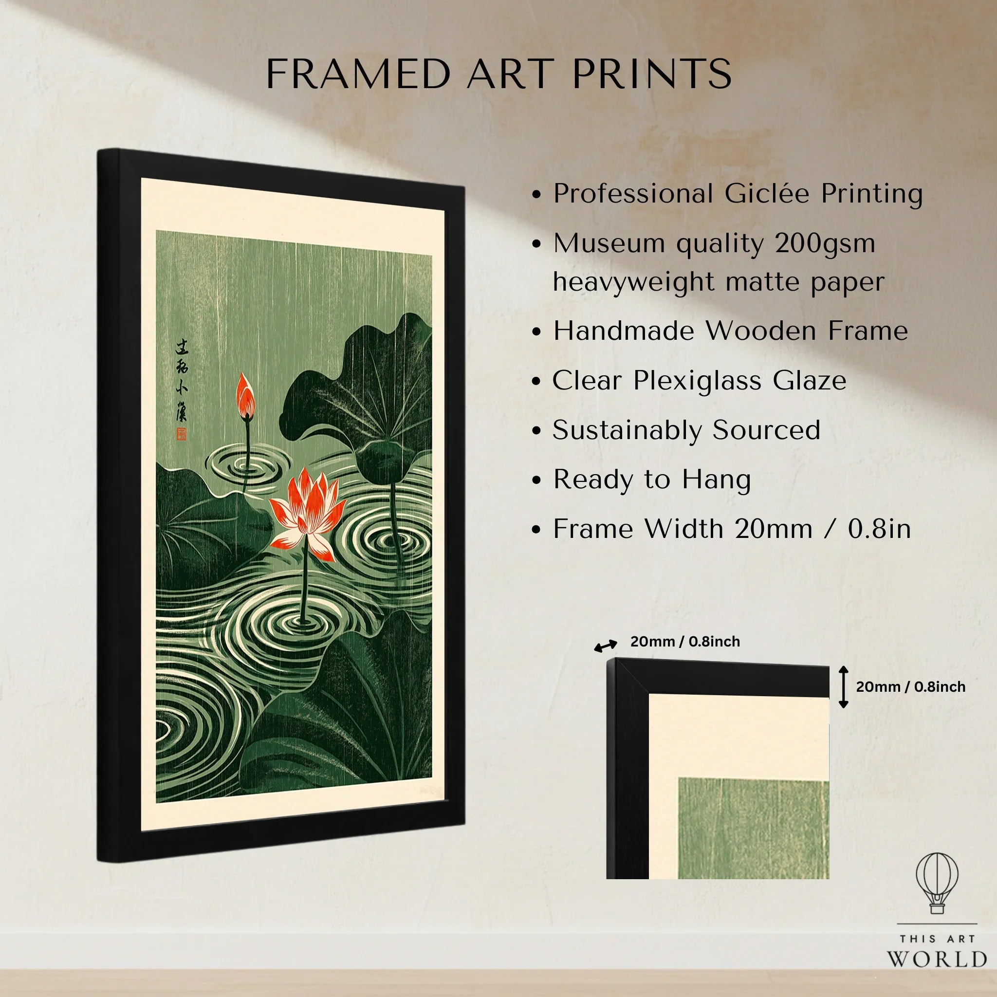 Japanese Lotus Wall Art – Green Vintage Pond Art Print — framed print details measurements quality details