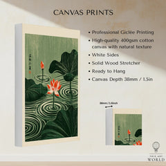 Japanese Lotus Wall Art – Green Vintage Pond Art Print — canvas print stretched cotton canvas details