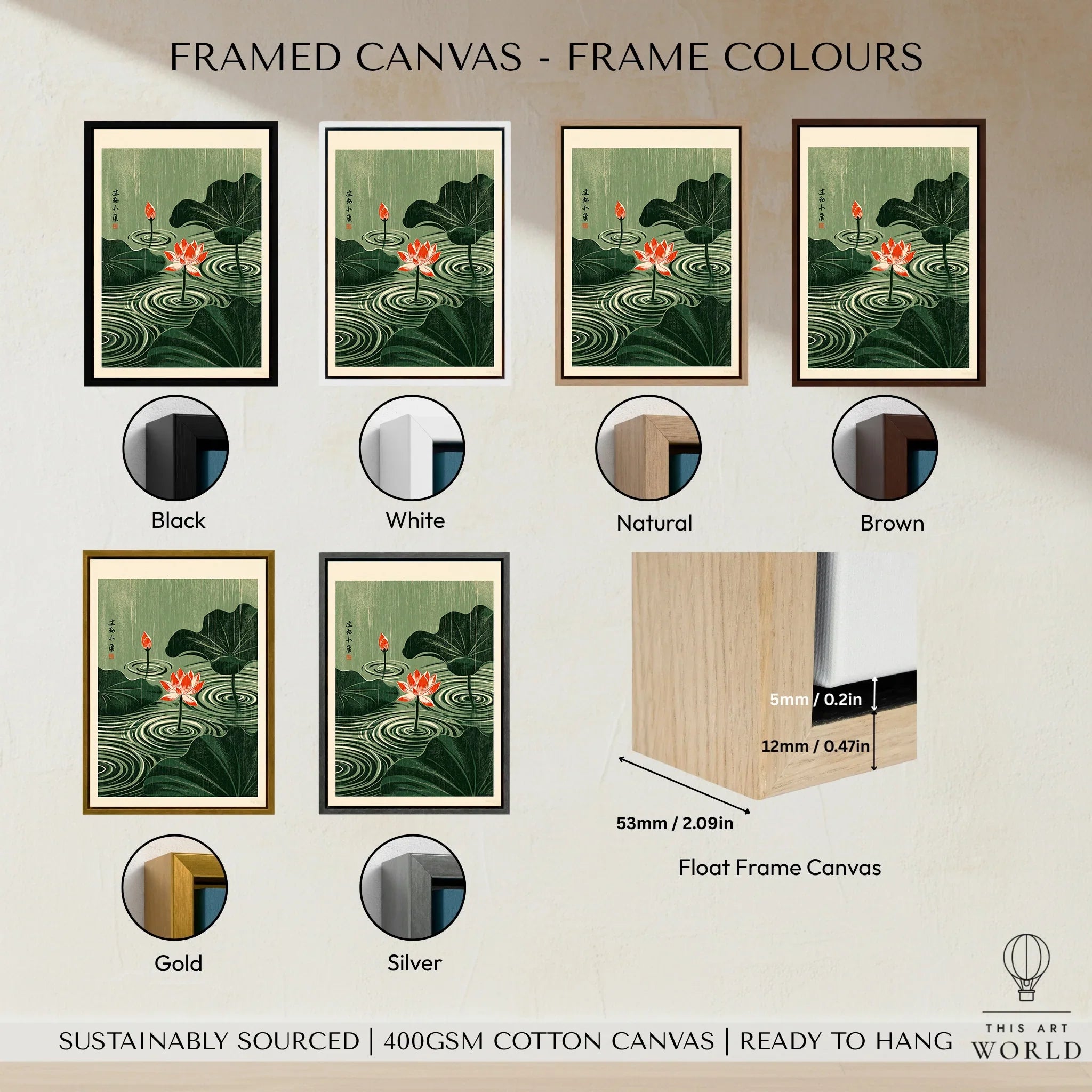 Japanese Lotus Wall Art – Green Vintage Pond Art Print — framed canvas float frame colour options