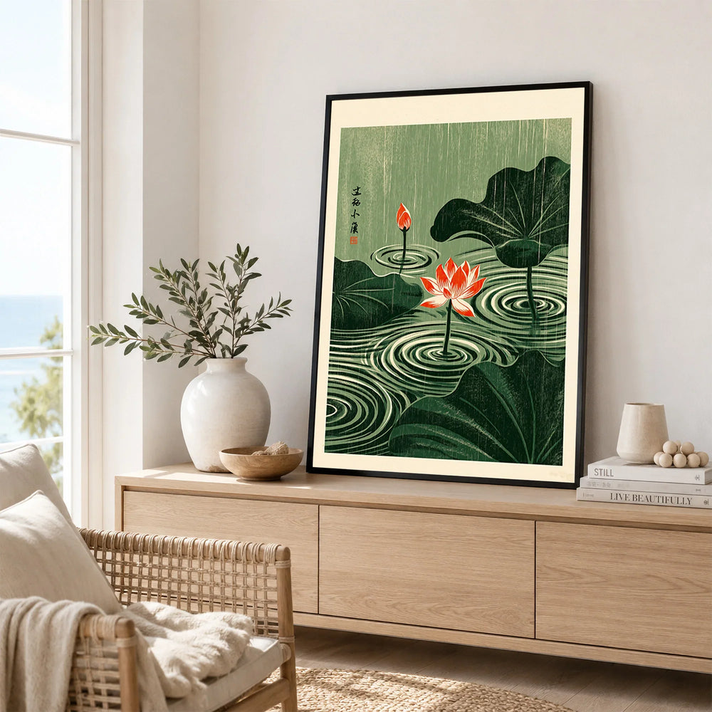 Japanese Lotus Wall Art – Green Vintage Pond Art Print — framed artwork living room lifestyle setting