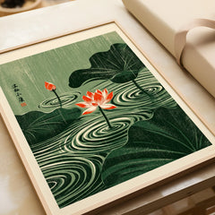 Japanese Lotus Wall Art – Green Vintage Pond Art Print — framed art print closeup gift unwrapped natural frame