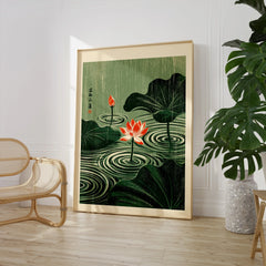 Japanese Lotus Wall Art – Green Vintage Pond Art Print — large framed print room setting chair plant
