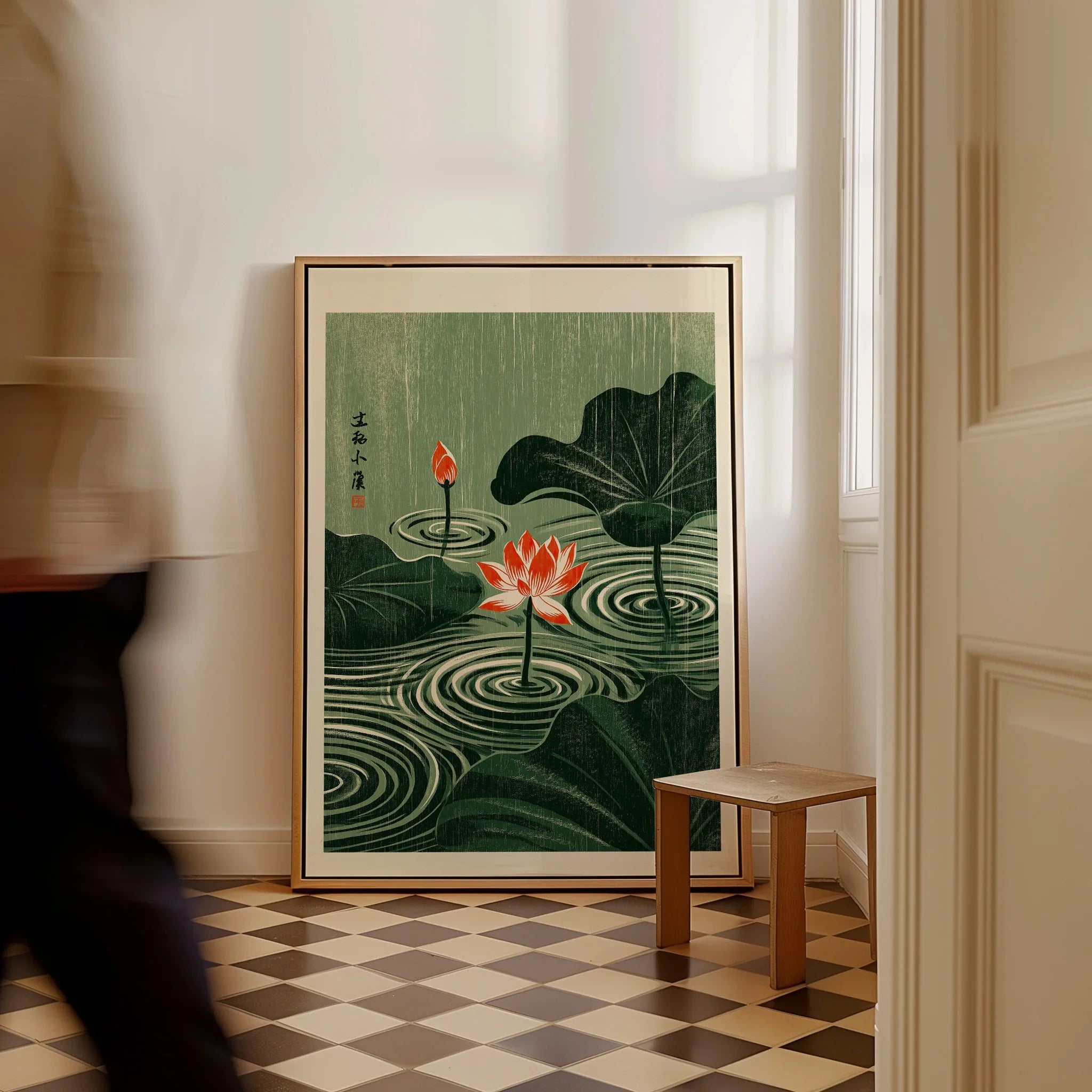Japanese Lotus Wall Art – Green Vintage Pond Art Print — framed canvas on floor man walking past