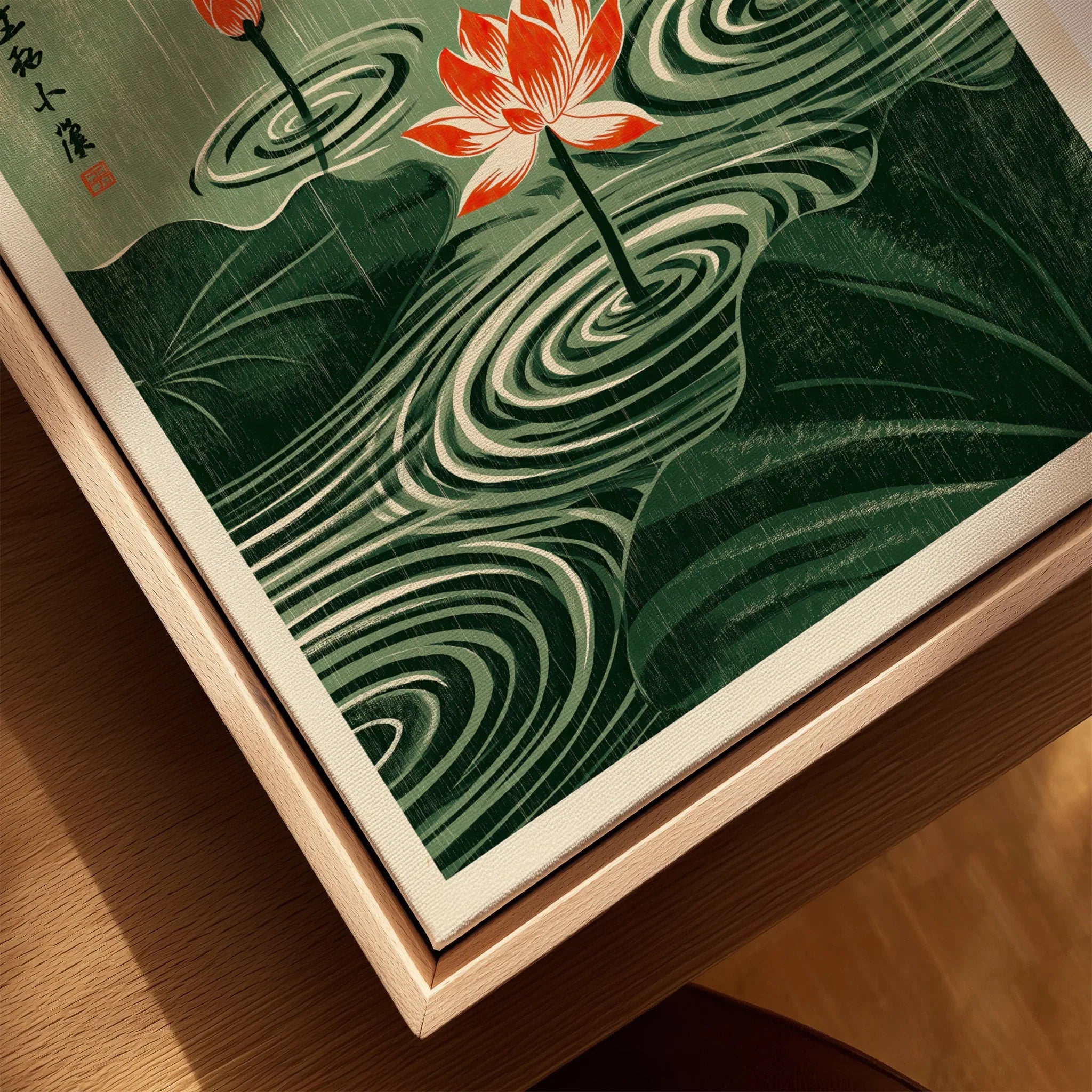 Japanese Lotus Wall Art – Green Vintage Pond Art Print — closeup framed canvas natural wood floating frame