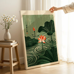 Japanese Lotus Wall Art – Green Vintage Pond Art Print — canvas print mirror edge hand holding room setting