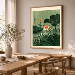 Japanese Lotus Wall Art – Green Vintage Pond Art Print — dining room framed print natural wood frame