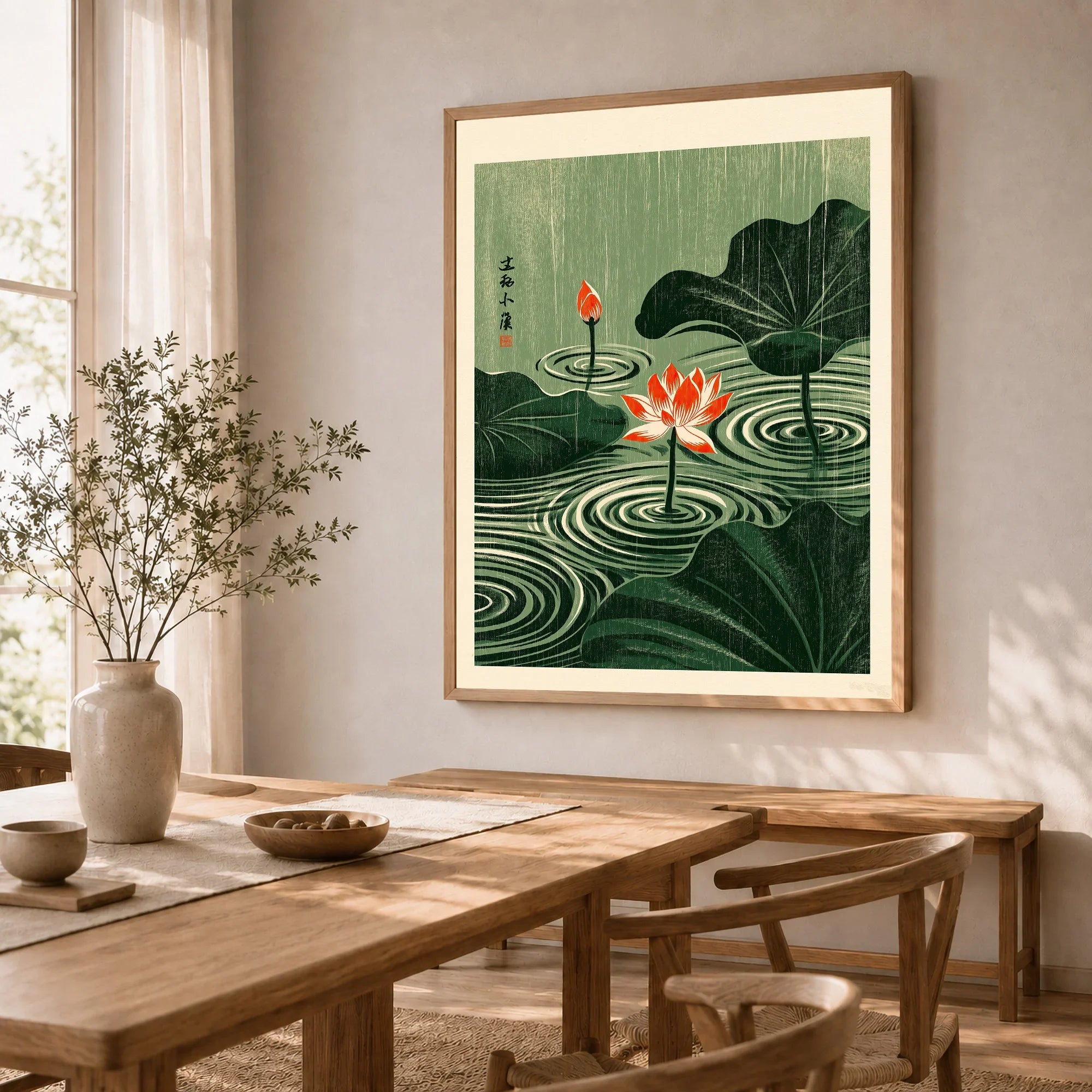 Japanese Lotus Wall Art – Green Vintage Pond Art Print — dining room framed print natural wood frame
