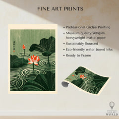 Japanese Lotus Wall Art – Green Vintage Pond Art Print — fine art print unframed quality details