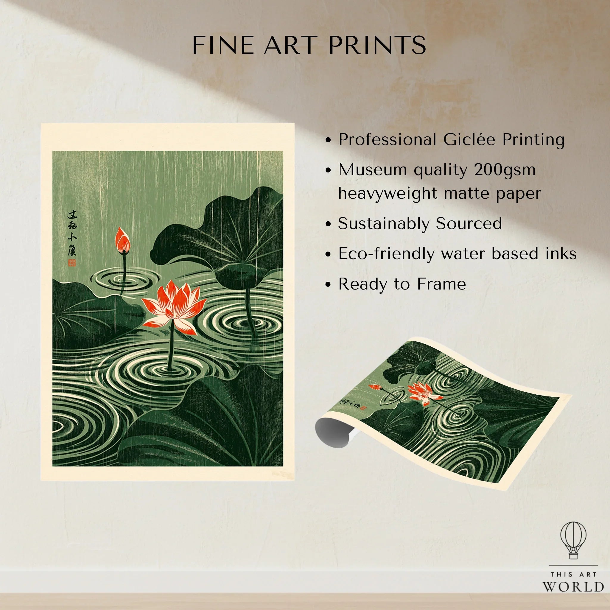 Japanese Lotus Wall Art – Green Vintage Pond Art Print — fine art print unframed quality details