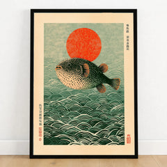 Japanese Pufferfish Art Print – Vintage Coastal Wall Art — art print in black frame on wooden floor