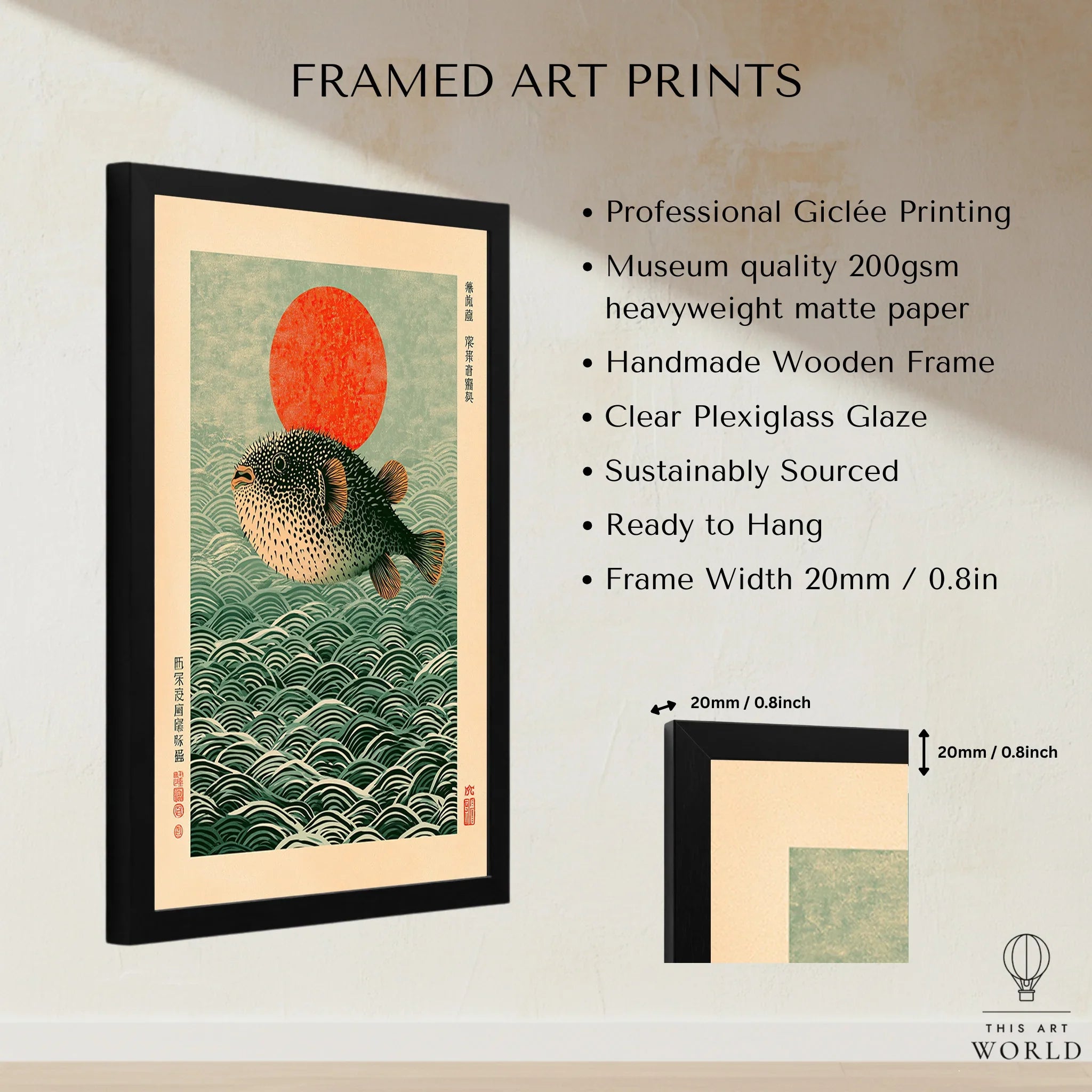 Japanese Pufferfish Art Print – Vintage Coastal Wall Art — framed print details measurements quality details